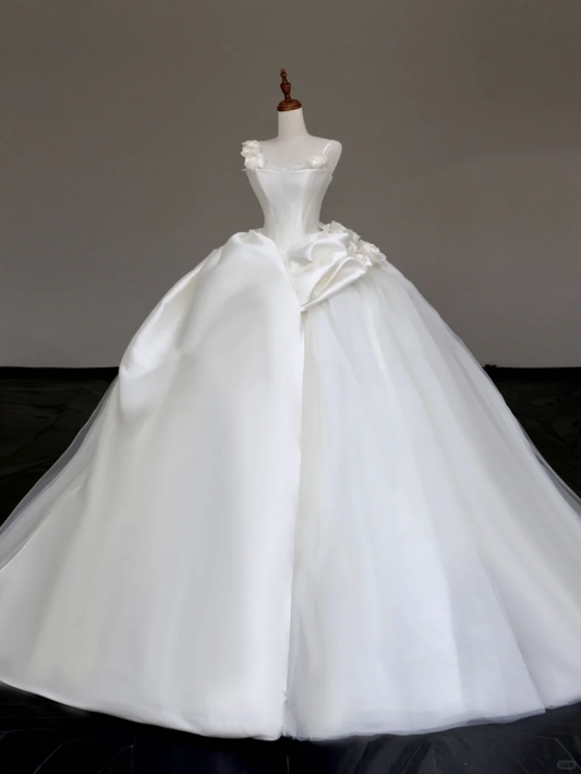 Unique Bridal Gown Ball Gown Straps White Satin Wedding Dresses Bridal Gowns DP638