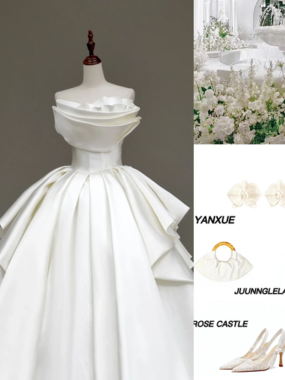 Unique Bridal Gown Ball Gown Strapless White Satin Wedding Dresses Bridal Gowns DP641