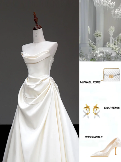 Unique Bridal Gown Ball Gown Strapless White Satin Sleeveless Wedding Dresses Bridal Gowns DP657