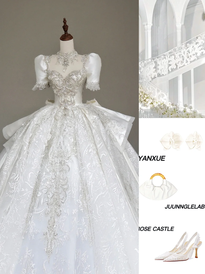 Luxury Ball Gown Wedding Dresses Short Sleeves Sequin Wedding Dress With Train DP647