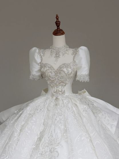 Luxury Ball Gown Wedding Dresses Short Sleeves Sequin Wedding Dress With Train DP647