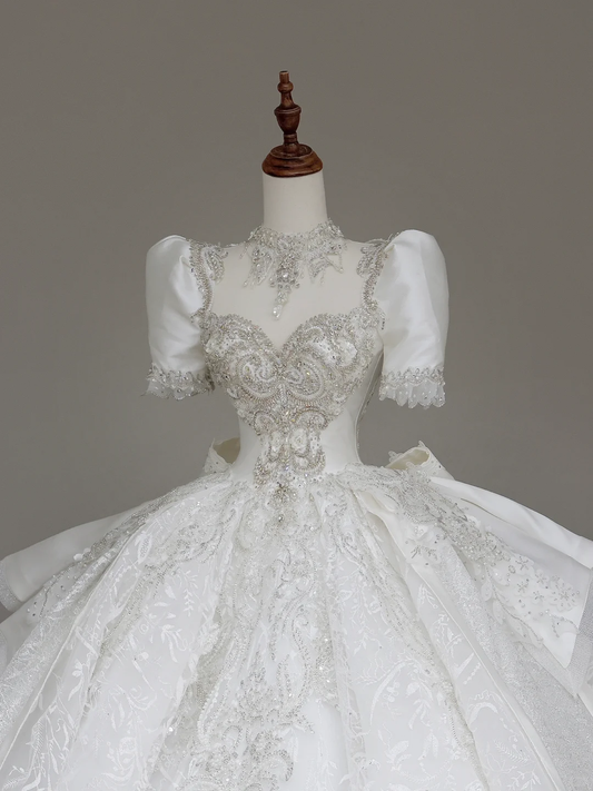 Luxury Ball Gown Wedding Dresses Short Sleeves Sequin Wedding Dress With Train DP647