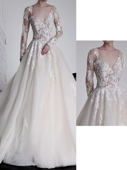 Unique Bridal Gown Ball Gown V Neckline Long Sleeves White Lace Wedding Dresses Bridal Gowns DP659
