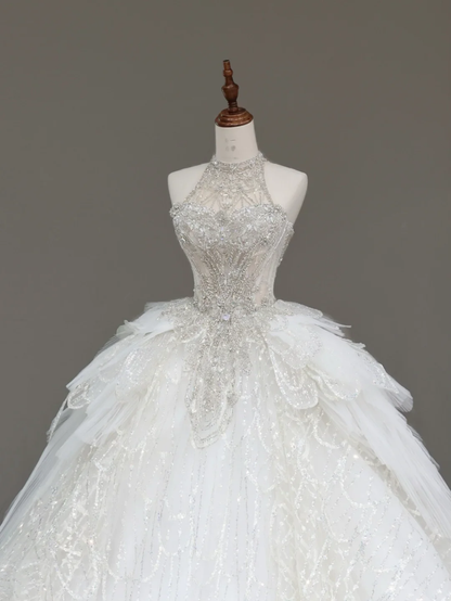 Unique Bridal Gown Ball Gown High Neckline Sleeveless White Sequin Wedding Dresses Bridal Gowns DP678