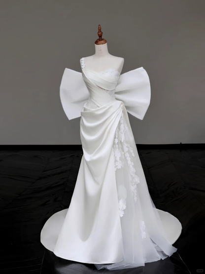 Unique Bridal Gown Mermaid Strapless White Satin Wedding Dresses One Shoulder Bridal Gowns DP689