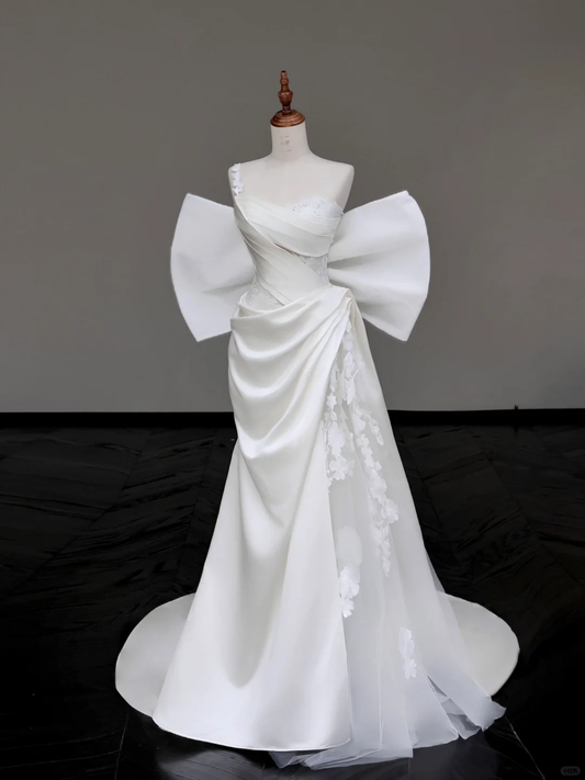 Unique Bridal Gown Mermaid Strapless White Satin Wedding Dresses One Shoulder Bridal Gowns DP689
