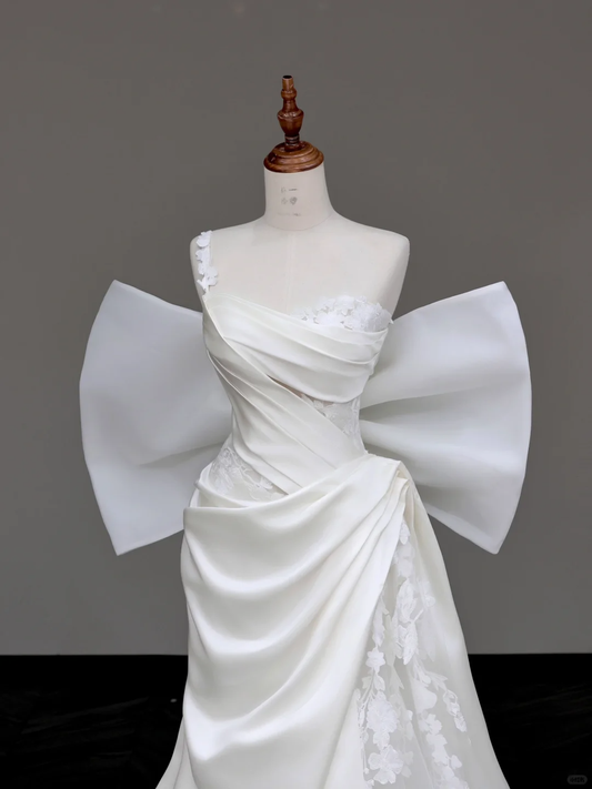 Unique Bridal Gown Mermaid Strapless White Satin Wedding Dresses One Shoulder Bridal Gowns DP689