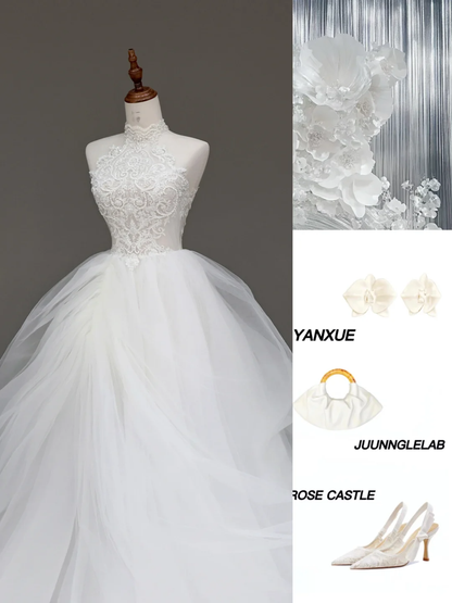 Unique Bridal Gown Ball Gown High Neckline Sleeveless Tulle White Wedding Dresses Bridal Gowns DP693
