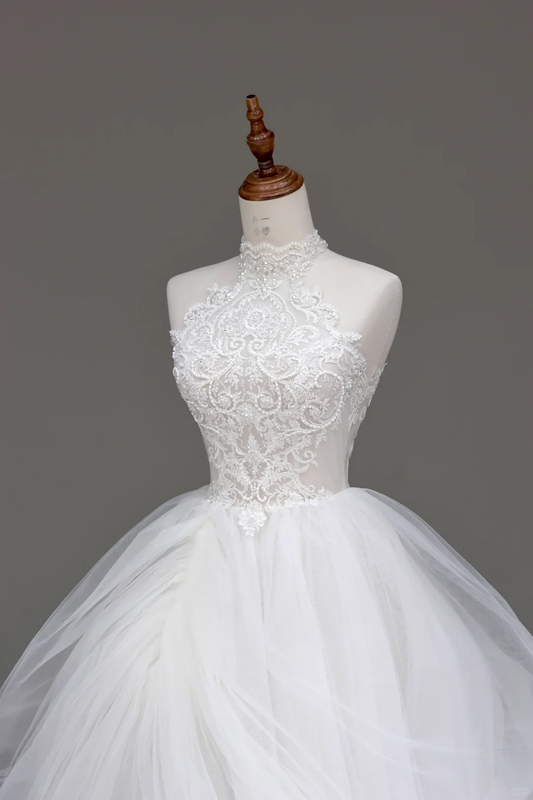 Unique Bridal Gown Ball Gown High Neckline Sleeveless Tulle White Wedding Dresses Bridal Gowns DP693