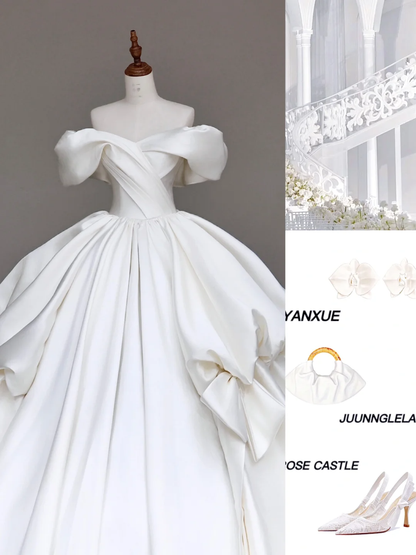 Classy Elegant Ball Gown Off The Shoulder White Short Sleeves Satin Wedding Dress Brides Dress DP695
