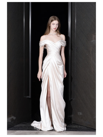 Unique Bridal Gown Mermaid Off The Shoulder Satin Ivory Slit Wedding Dresses Bridal Gowns DP694