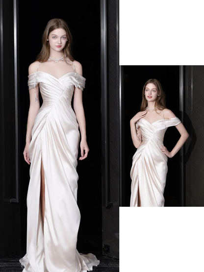 Unique Bridal Gown Mermaid Off The Shoulder Satin Ivory Slit Wedding Dresses Bridal Gowns DP694