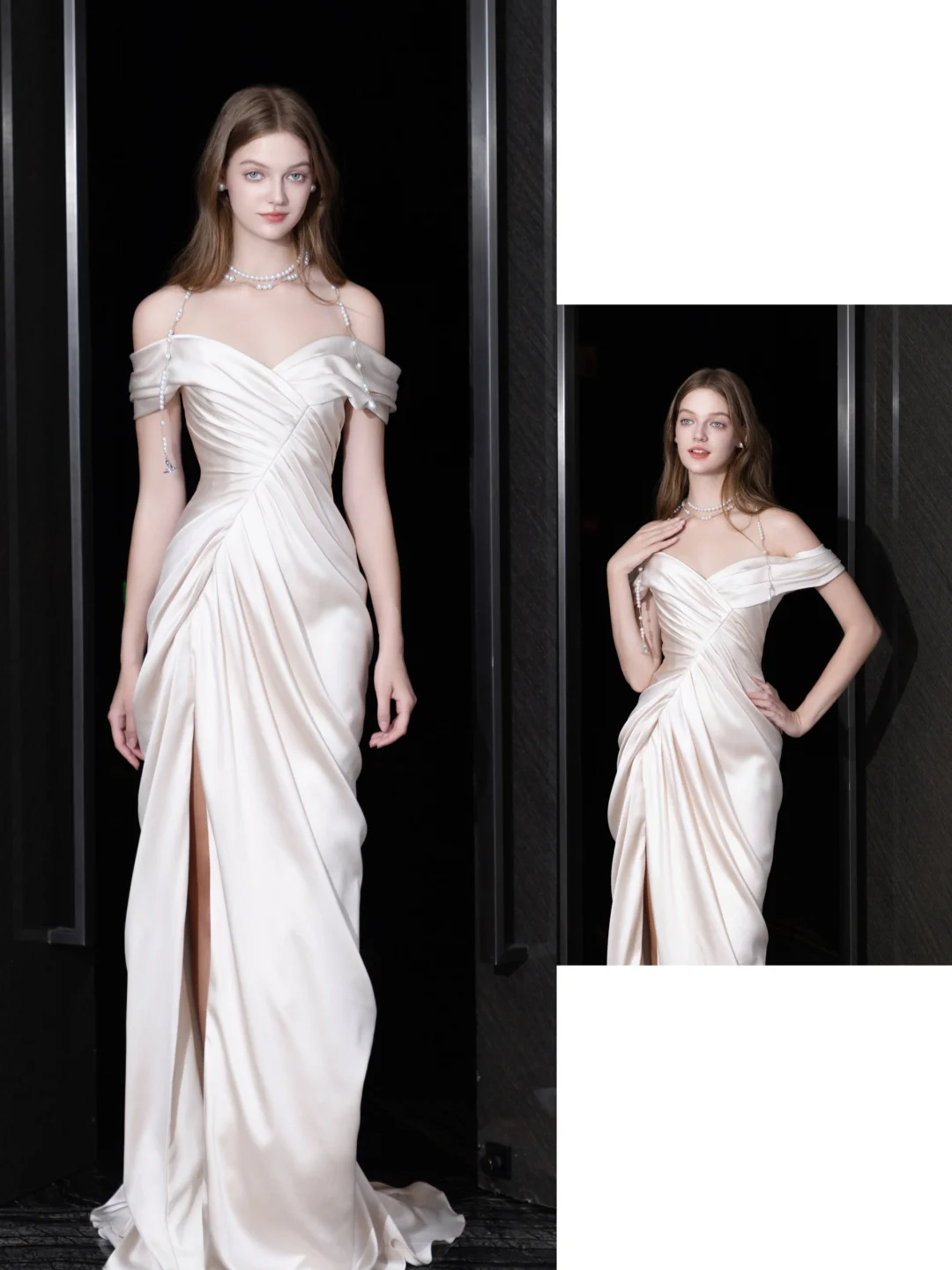 Unique Bridal Gown Mermaid Off The Shoulder Satin Ivory Wedding Dresses Bridal Gowns DP698