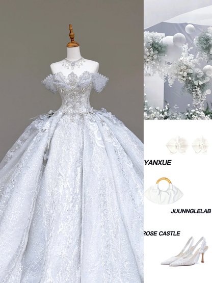 Classy Elegant Ball Gown Off The Shoulder Sequin White Short Sleeves Wedding Dress Brides Dress DP702