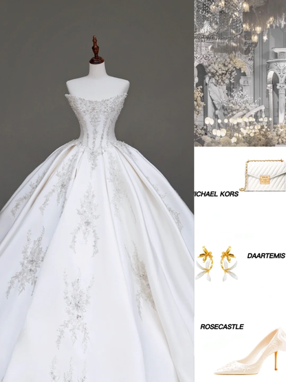 Unique Bridal Gown Ball Gown Strapless White Satin Wedding Dresses Beads Bridal Gowns DP708