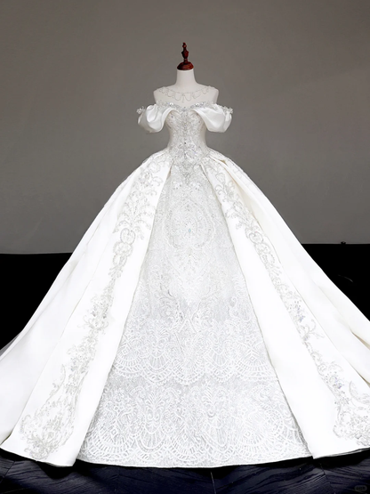 Classy Elegant Ball Gown Off The Shoulder Satin White Short Sleeves Wedding Dress Brides Dress DP711