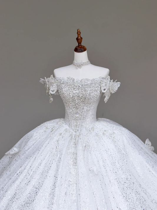 Unique Bridal Gown Ball Gown Off The Shoulder White Sequin Wedding Dresses Bridal Gowns DP719