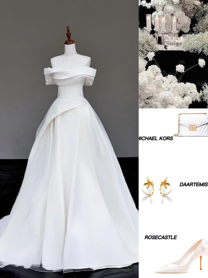 Unique Bridal Gown Ball Gown Off The Shoulder White Satin Wedding Dresses Bridal Gowns DP723