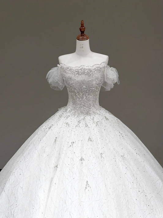 Classy Elegant Ball Gown Off The Shoulder Sequin White Short Sleeves Wedding Dress Brides Dress DP793