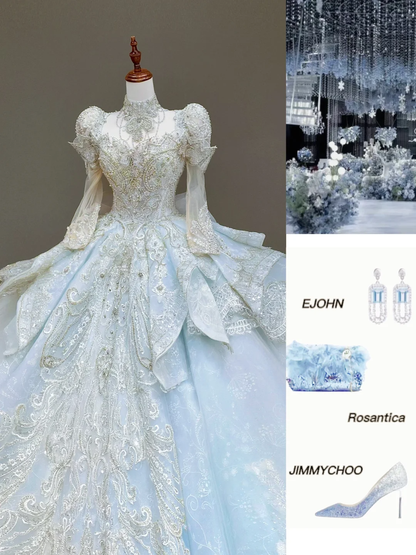 Princess Bridal Gown Ball Gown High Neckline Blue Sequin Beads Wedding Dresses Winter Bridal Gowns DP837