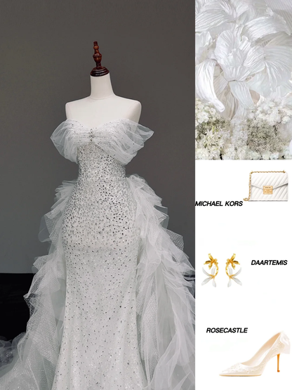 Timeless Bridal Gown Mermaid Sweetheart White Tulle Wedding Dresses Bridal Gowns DP873