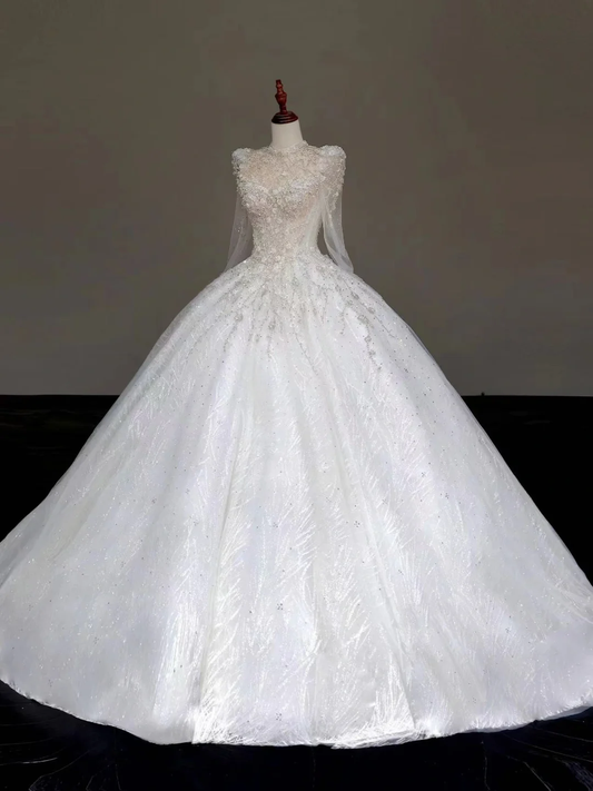 Princess Bridal Gown Ball Gown High Neckline White Sequin Beads Wedding Dresses Winter Bridal Gowns DP847