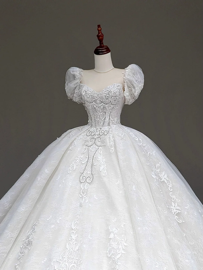 Princess Bridal Gown Ball Gown Sweetheart Lace White Beads Wedding Dresses With Sleeves Bridal Gowns DP848