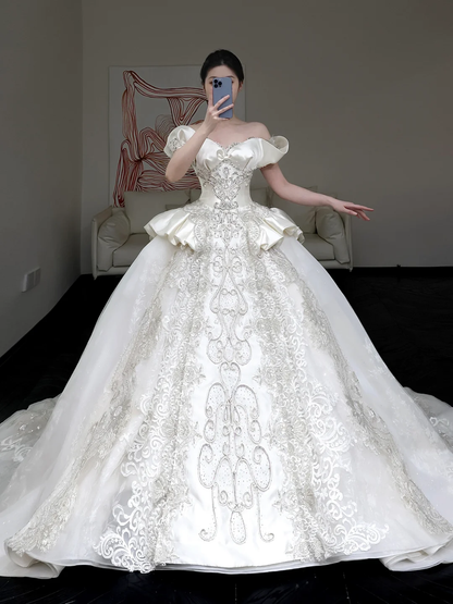 Princess Bridal Gown Ball Gown Off The Shoulder White Sequin Beads Wedding Dresses Winter Bridal Gowns DP861