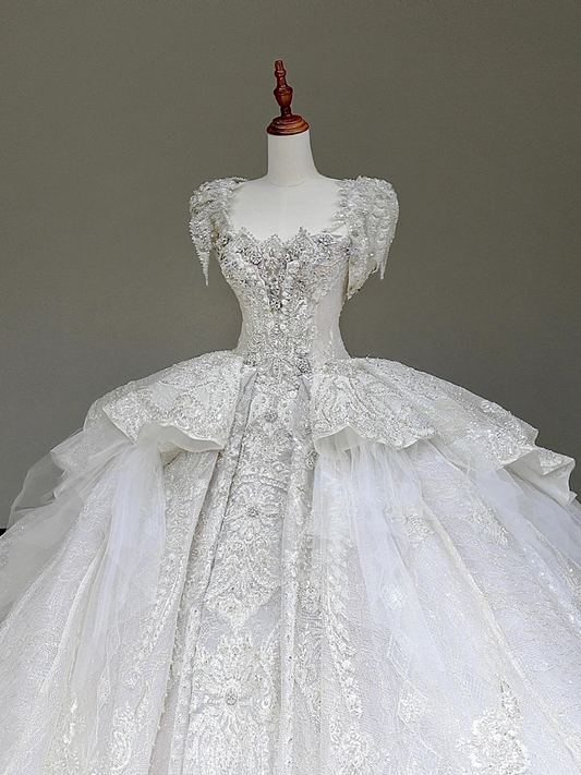 Princess Bridal Gown Ball Gown Square Neckline White Sequin Beads Wedding Dresses Winter Bridal Gowns DP877