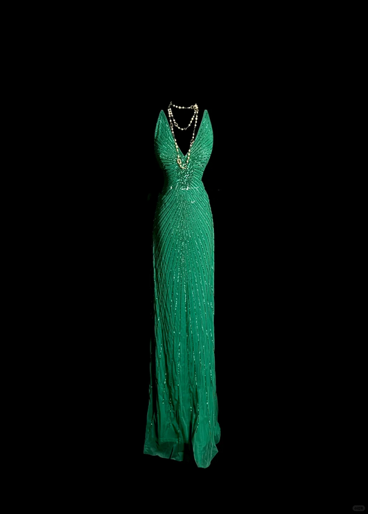 Vintage Mermaid V Neck Backless Green With Beads Long Prom Dresses Party Dress Evening Dress DP928