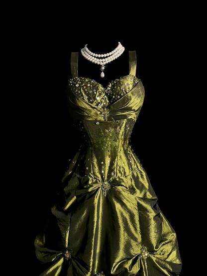 Retro Ball Gown Sweetheart Straps Green With Silver Beads Long Prom Dresses Evening Gowns Evening Dress DP929