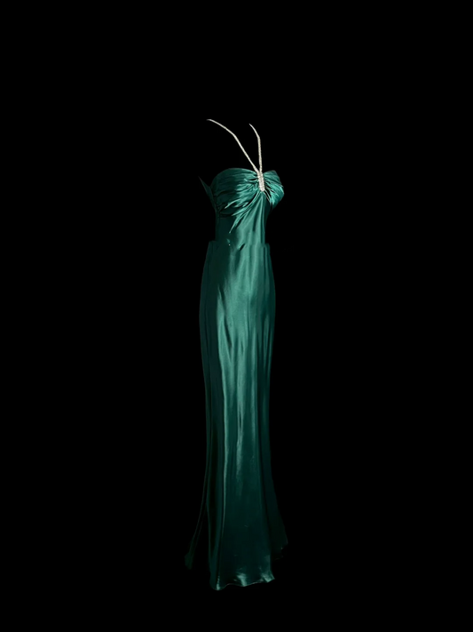 Vintage Mermaid Halter Green Satin Long Prom Dresses Ruffles Evening Gowns Evening Dress DP937
