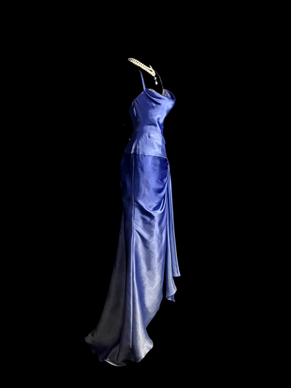 Vintage Mermaid Spaghetti Straps Satin Long Prom Dresses Ruffles Evening Gowns Evening Dress DP938