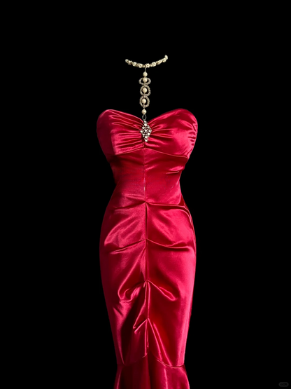 Vintage Mermaid Sweetheart Red Satin Long Prom Dresses Evening Gowns Evening Dress DP943