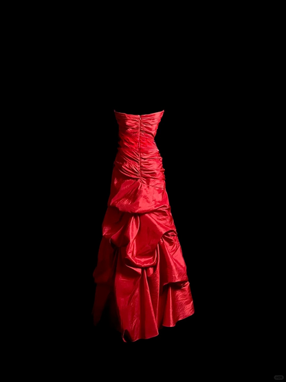 Vintage Mermaid Sweetheart Red Satin Long Prom Dresses Ruffles Evening Gowns Evening Dress DP945