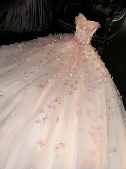 Romantic A Line Sweetheart Neck Floral Beaded Pink Tulle Prom Dress Evening Dress SH2978