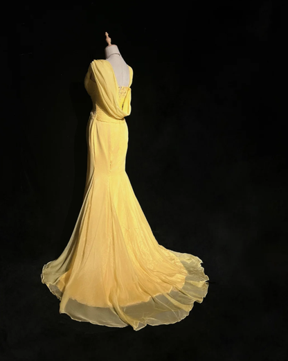Glamorous Yellow Chiffon Sequin Mermaid Long Party Dress Prom Gown Formal Wedding Guest Dress D1995