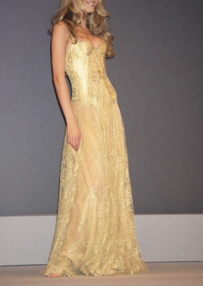 Glamorous Spaghetti Straps Gold Lace Mermaid Long Evening Dress Formal Birthday Prom Dress Party Gown D1838