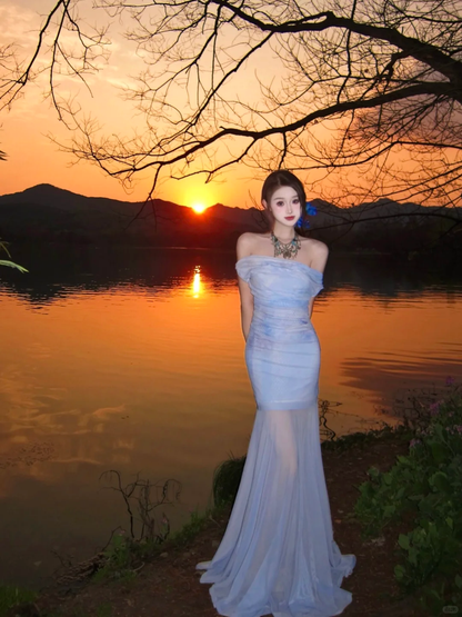 Gentle Purple Mermaid Off the Shoulder Tulle Long Prom Dress Party Dress SH5021