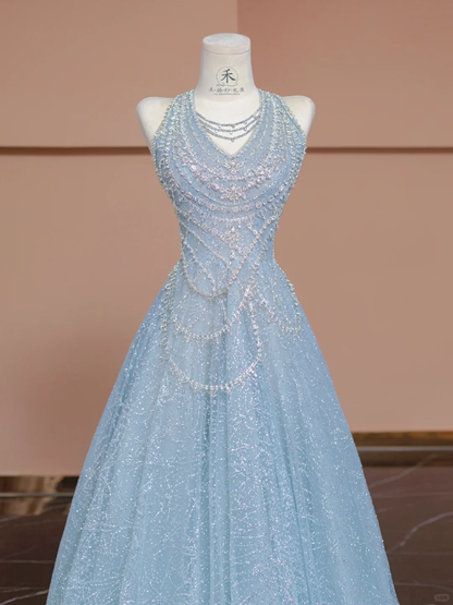 Dreamy Baby Blue A Line Halter Sequin Beaded Tulle Long Prom Dress Party Dress SH4362