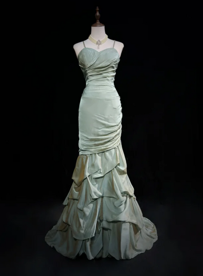 Charming Spaghetti Straps Green Satin Pleated Ruffles Layered Mermaid Long Evening Dress Wedding Guest Dress D1849