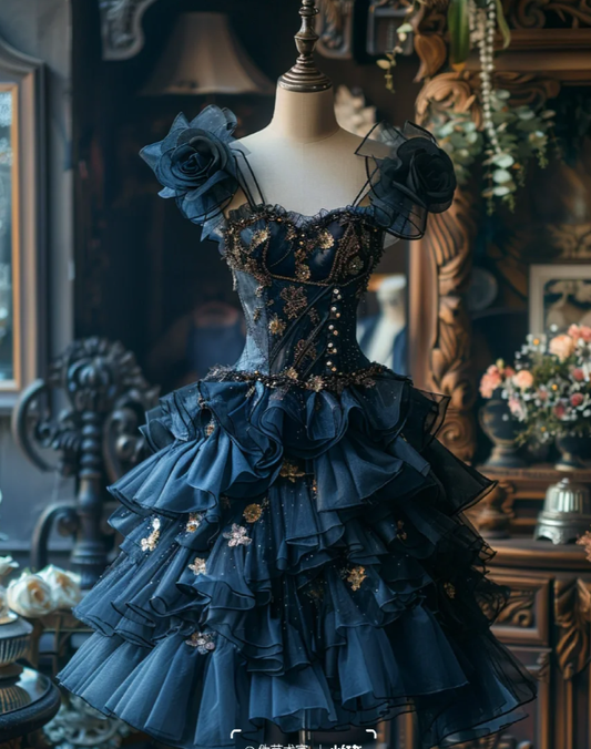 Vintage Sweetheart Neck Tulle Sequin Layered Navy Blue Formal Graduation Homecoming Dress Short Prom Dress D097