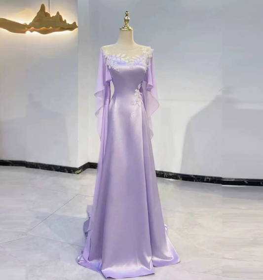 Elegant A-Line Long Evening Dresses Satin Puprle Mother of the Bride Dresses Long Sleeves Wedding Guest Dresses DW04119