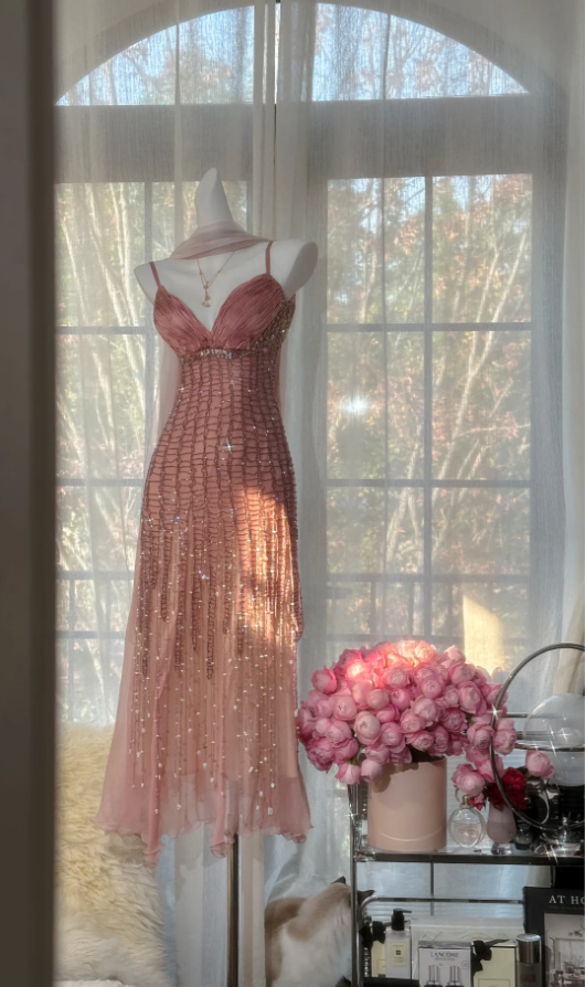 Pretty Spaghetti Straps Pink Chiffon Beaded Mermaid Long Wedding Guest Dress Pink Birthday Prom Dress Party Dress D2100
