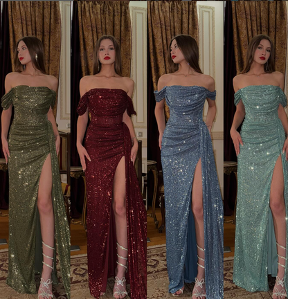 Elegant Blue Shiny A Line Off the Shoulder Sequin Long Evening Dress Prom Dress SH4828