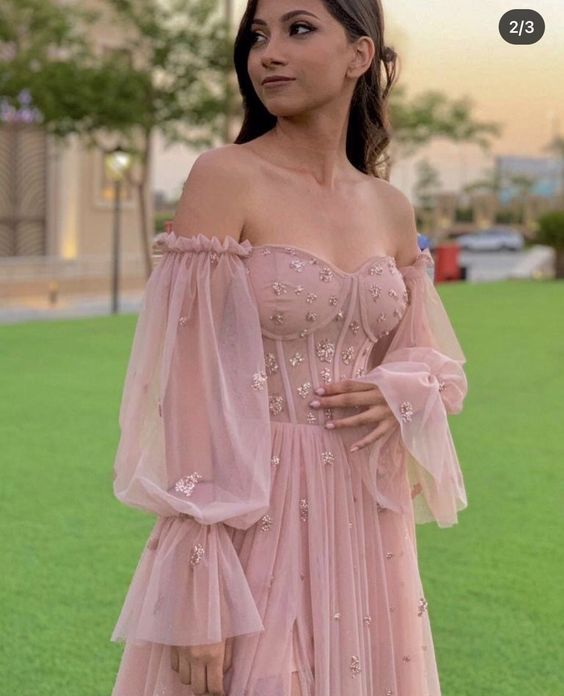 Pink Tulle Sweetheart Neck Long Sleeves Prom Dress Evening Dress SH1012