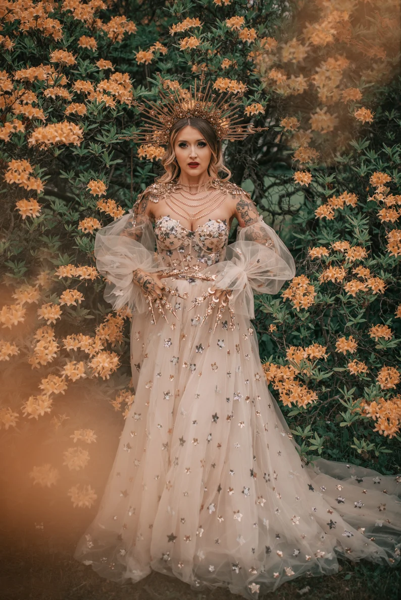 Elegant A Line Sweetheart Bubble Sleeves Tulle Prom Dresses With Stars, Formal Dresses SH565