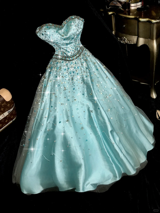Stunning A Line Sweetheart Neck Beaded Blue Tulle Satin Party Dress Wedding Guest Dress SH3139