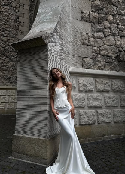 Classy Mermaid Sweetheart Neck White Satin Long Prom Dress Wedding Dress SH4617