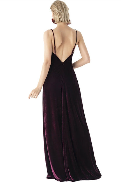 Dark Burgundy Velvet V-Neck Sleeveless Open Back Prom Dress